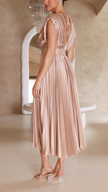 Dames Geplooide Maxi Jurk met V Hals en Tailleband