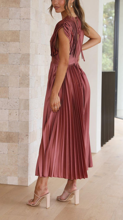 Dames Geplooide Maxi Jurk met V Hals en Tailleband