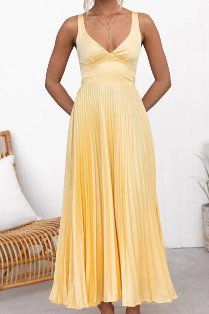 Dames Gele Geplooide Maxi Jurk met Open Rug