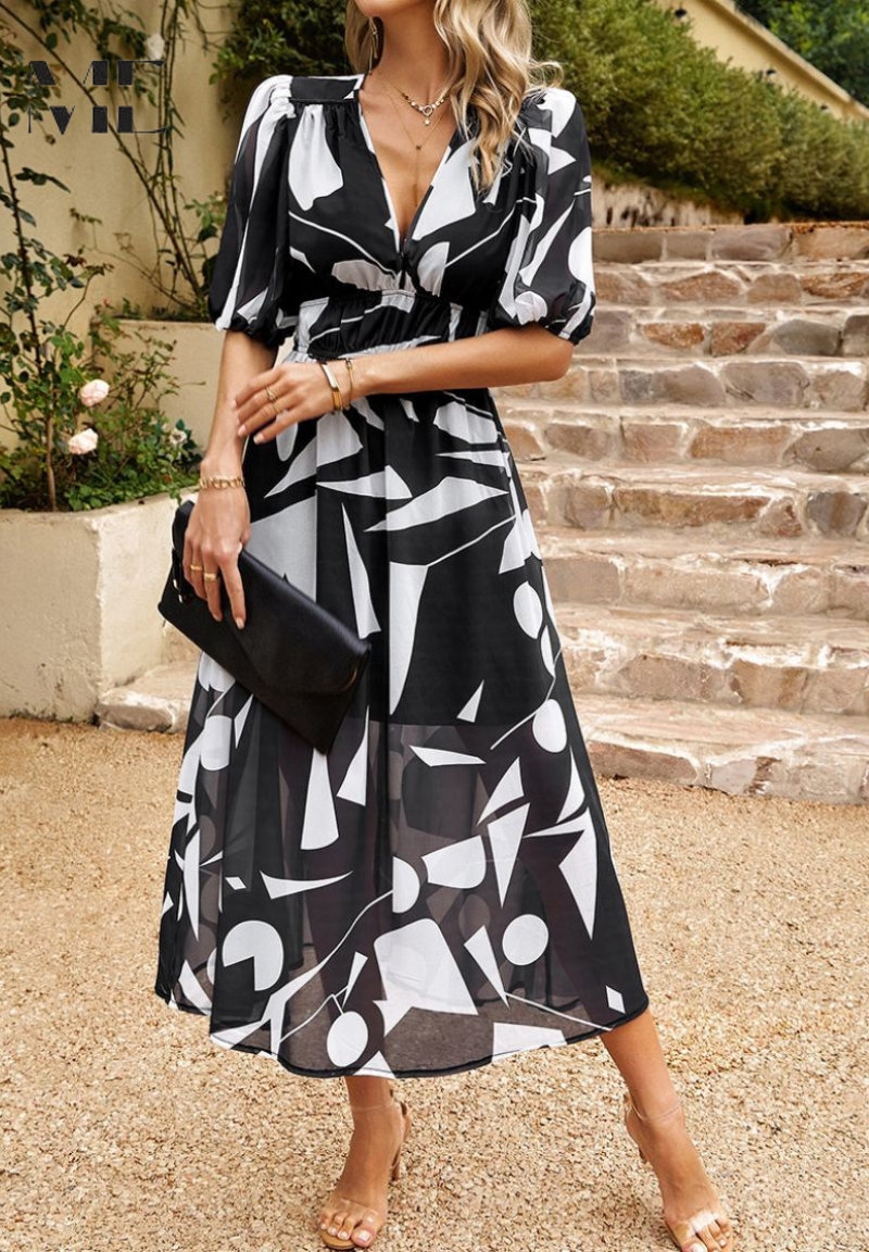 Dames Elegante Bloemenprint Midi Jurk