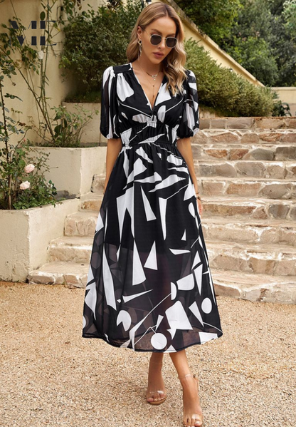 Dames Bloemenprint Midi Jurk Pofmouwen V Hals