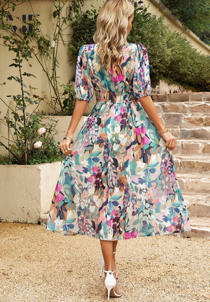 Dames Elegante Bloemenprint Midi Jurk