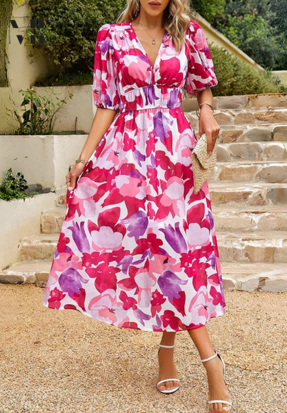 Dames Elegante Bloemenprint Midi Jurk