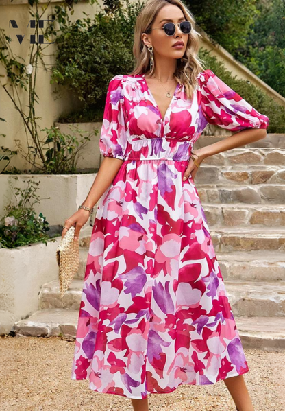 Dames Bloemenprint Midi Jurk Pofmouwen V Hals