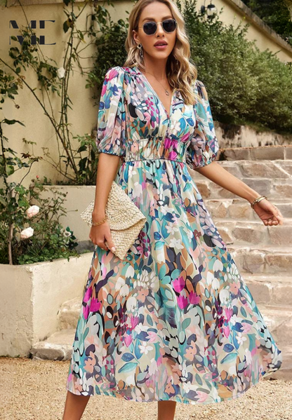 Dames Bloemenprint Midi Jurk Pofmouwen V Hals