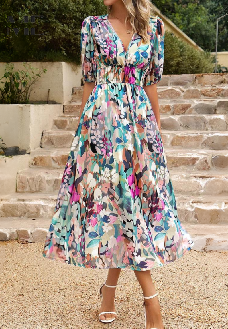 Dames Elegante Bloemenprint Midi Jurk