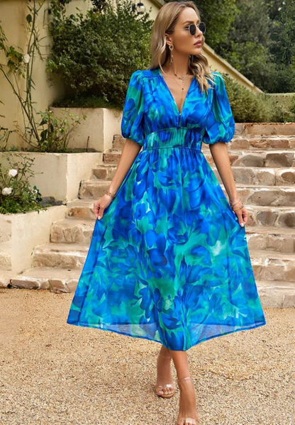 Dames Elegante Bloemenprint Midi Jurk