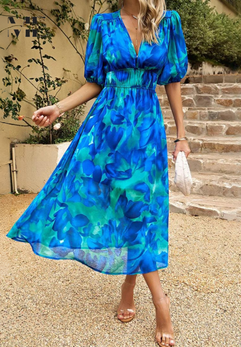 Dames Elegante Bloemenprint Midi Jurk
