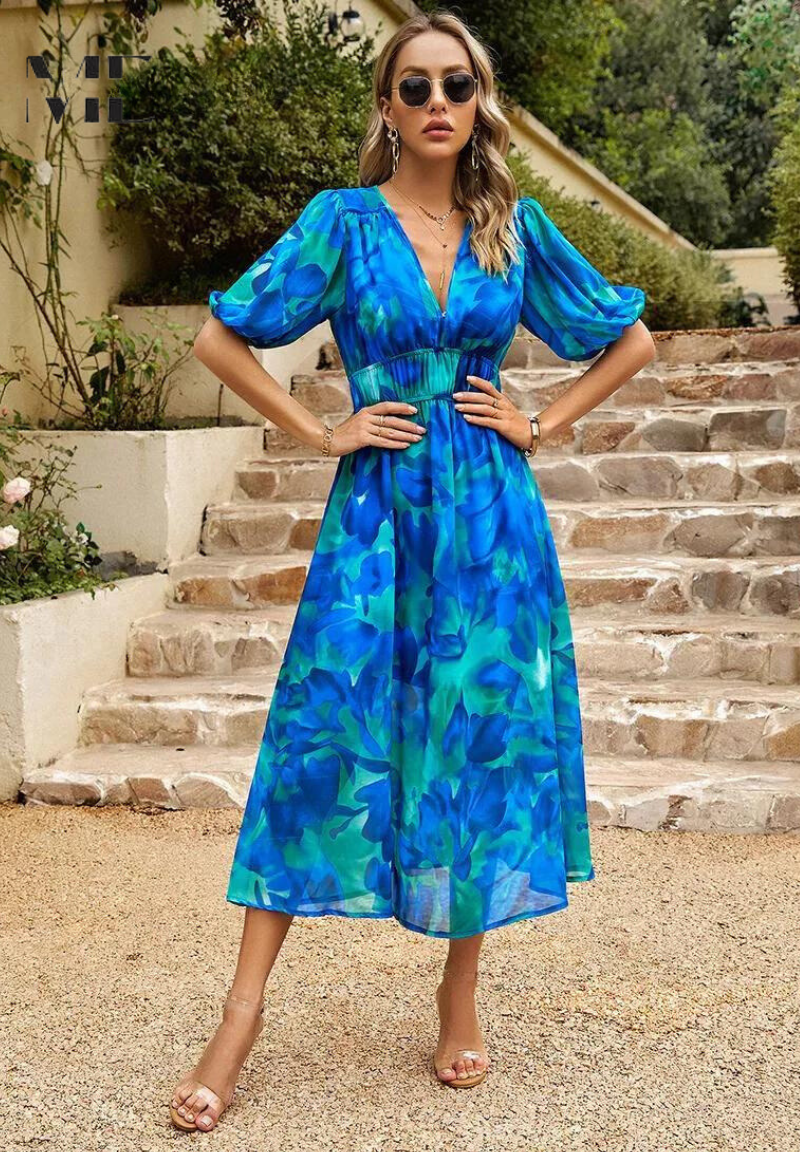 Dames Bloemenprint Midi Jurk Pofmouwen V Hals