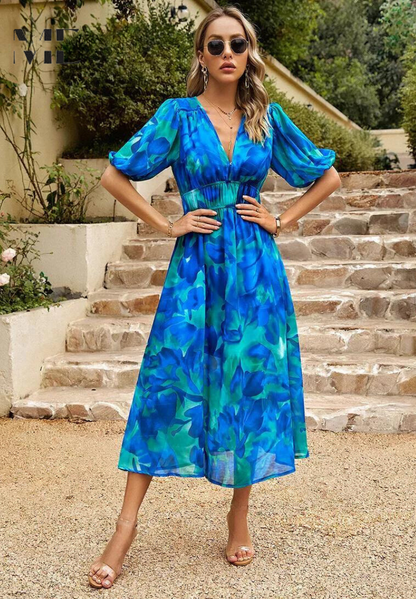 Dames Elegante Bloemenprint Midi Jurk