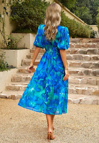 Dames Bloemenprint Midi Jurk Pofmouwen V Hals