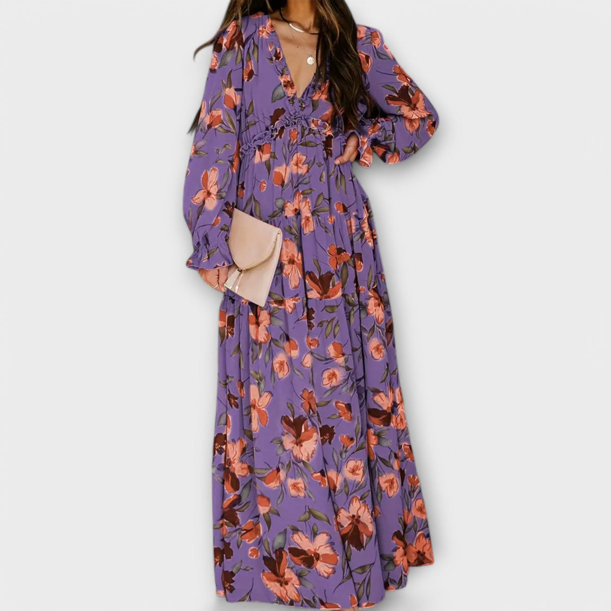 Dames Bloemenprint Maxi Jurk V Hals Lange Mouwen