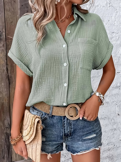 Dames Getextureerde Zomer Blouse Met Knopen