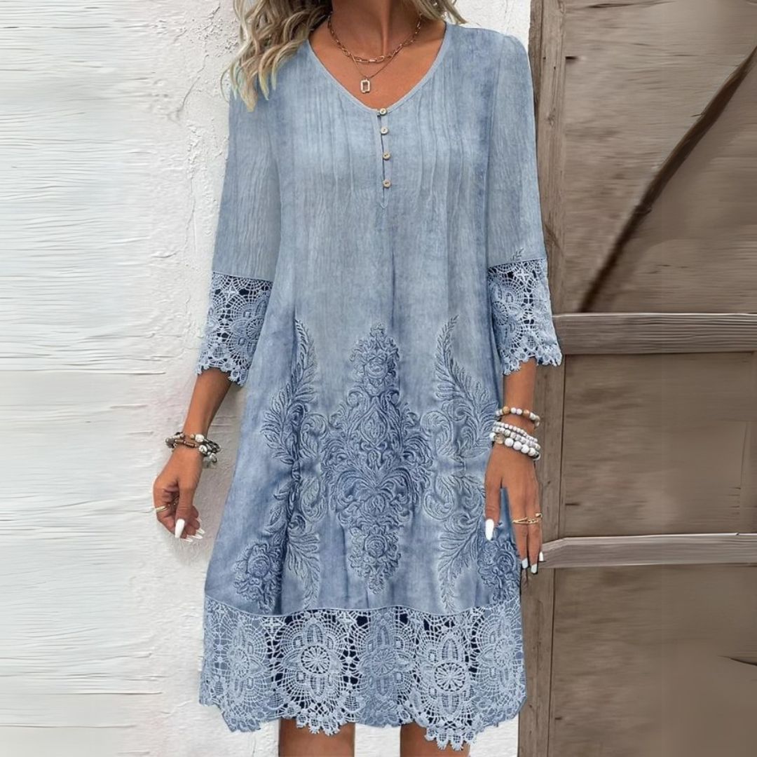 Dames Geborduurde Midi Jurk met V Hals