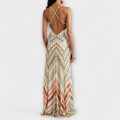 Dames Maxi Jurk met Kleurrijk Visgraatpatroon