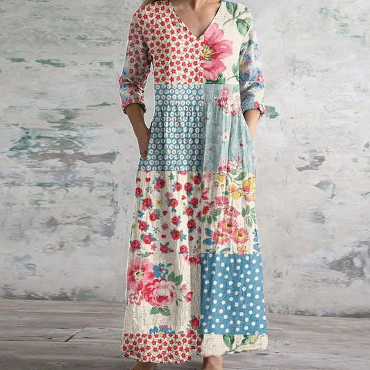Dames Patchwork Maxi Jurk V Hals Lange Mouwen
