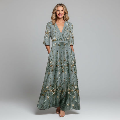 Dames Geborduurde Bloemenprint Maxi Jurk