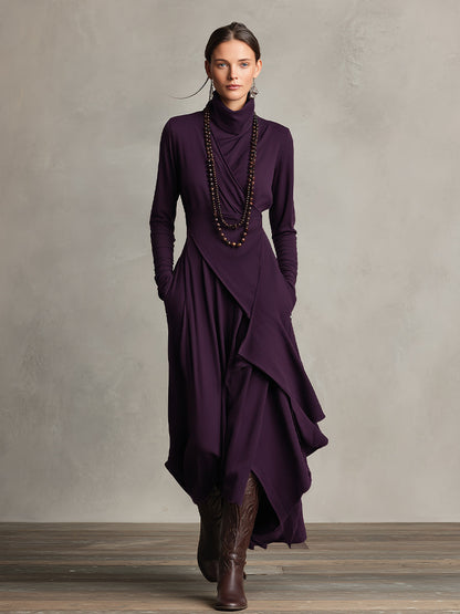 Dames Asymmetrische Gebreide Maxi Jurk met Col