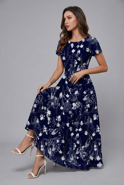 Dames Bloemenprint Midi Jurk Korte Mouwen