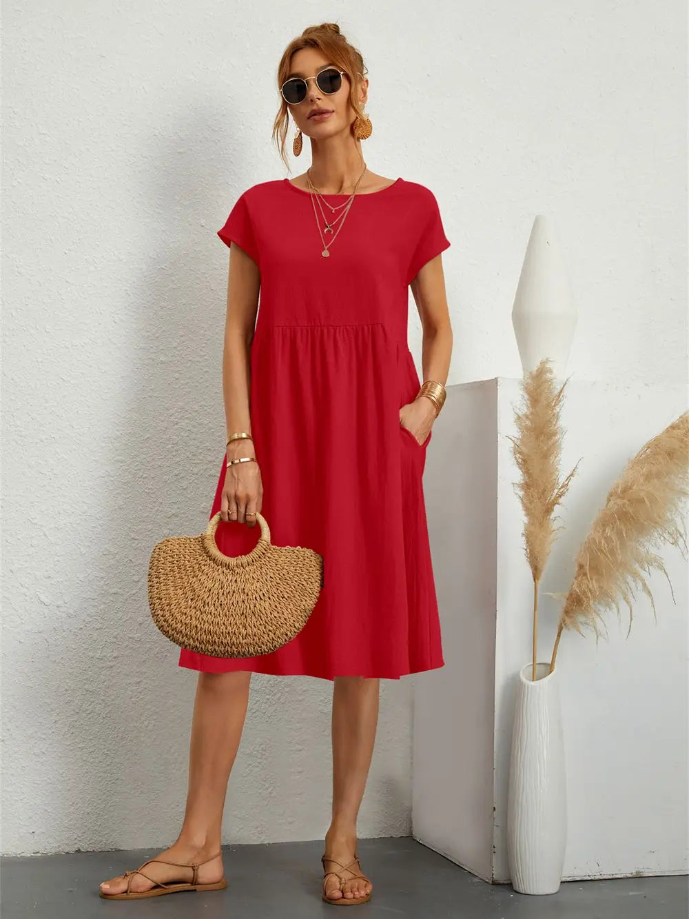 Dames Casual Midi Jurk met Zijzakken