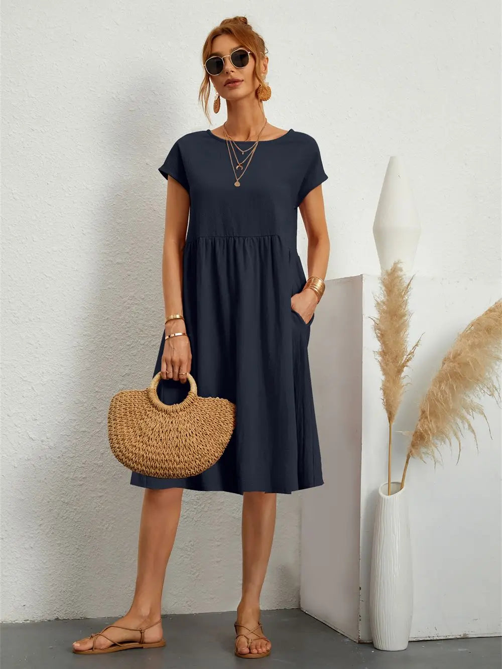 Dames Casual Midi Jurk met Zijzakken