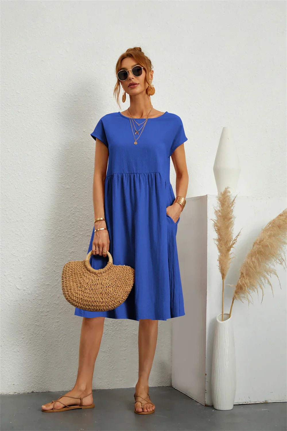 Dames Casual Midi Jurk met Zijzakken