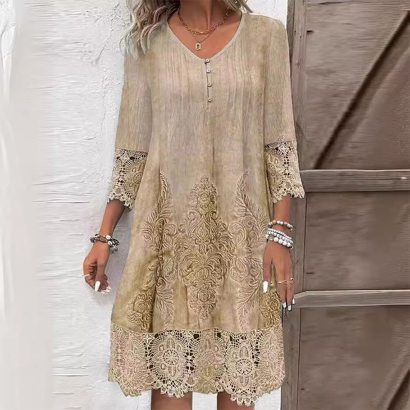 Dames Geborduurde Midi Jurk met V Hals